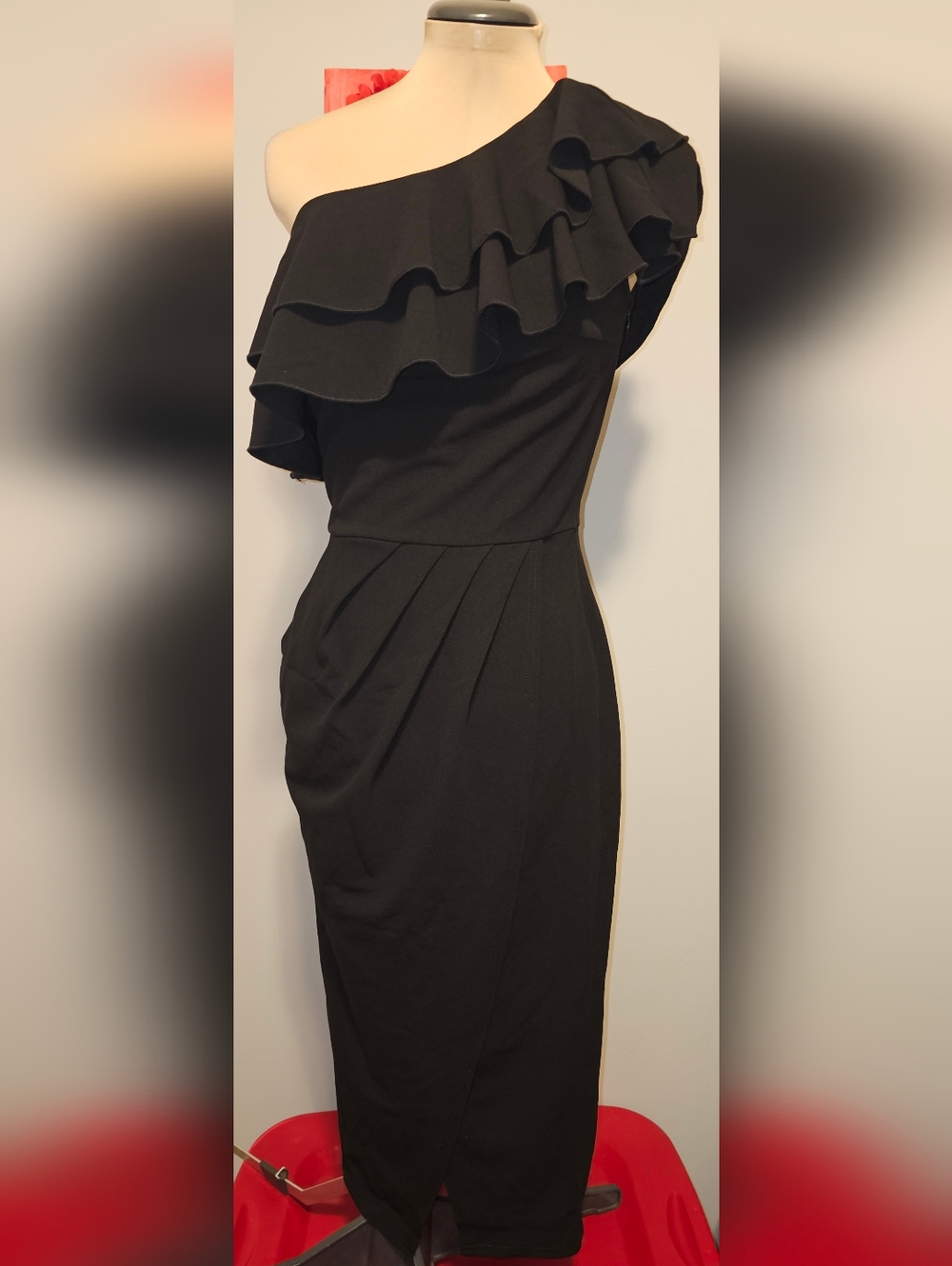 Grace Karin NWT One-Shoulder Black Ruffle Midi Dress Sz S - Picture 2 of 11